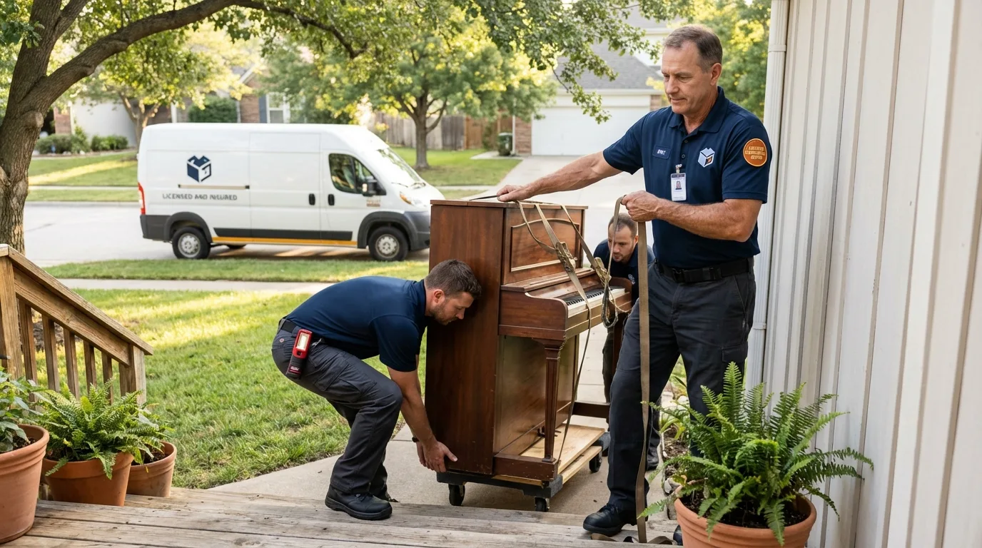Licensed piano movers securing grand piano in Mount Carmel, IL