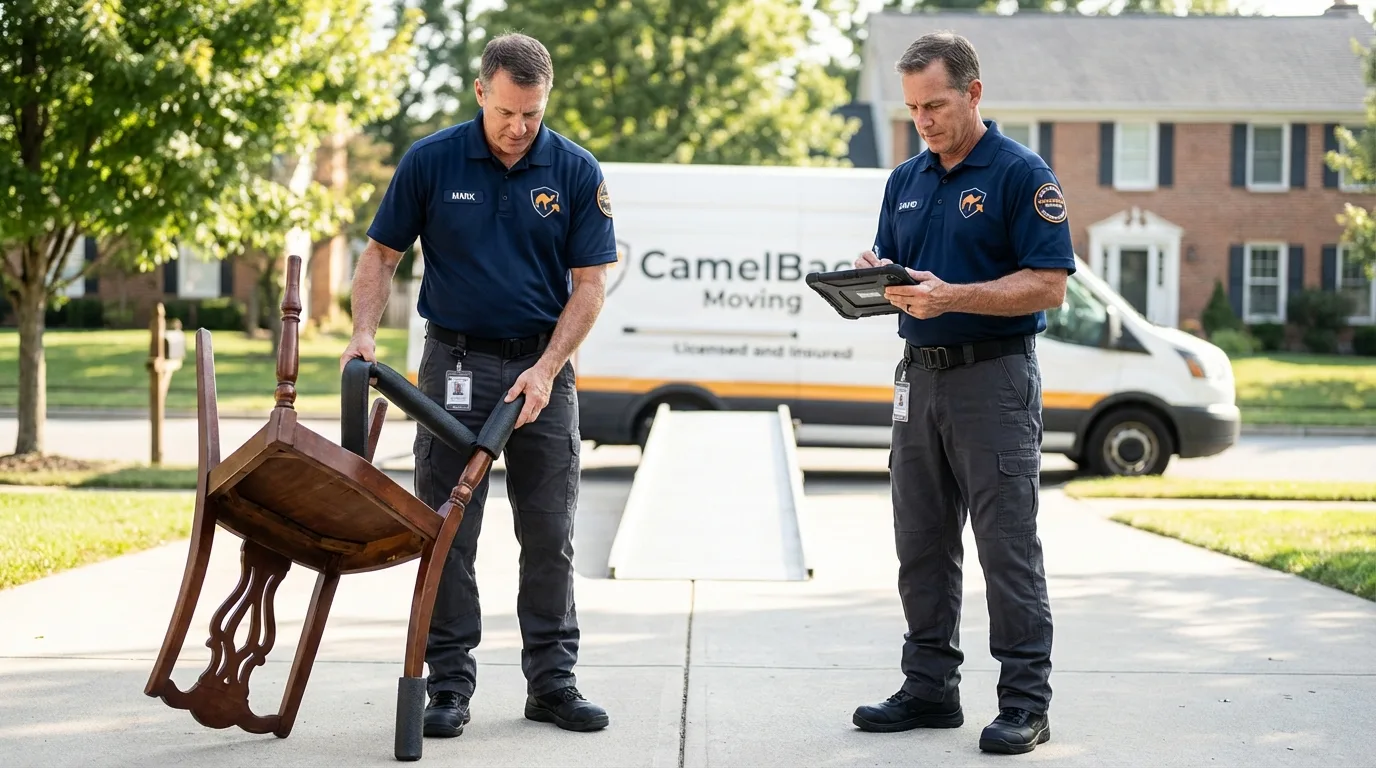 Movers inspecting furniture for damage prevention before loading in Mount Carmel, IL