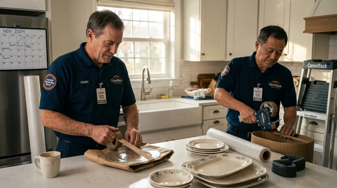 Professional crew packing kitchen dishware in Mount Carmel, IL